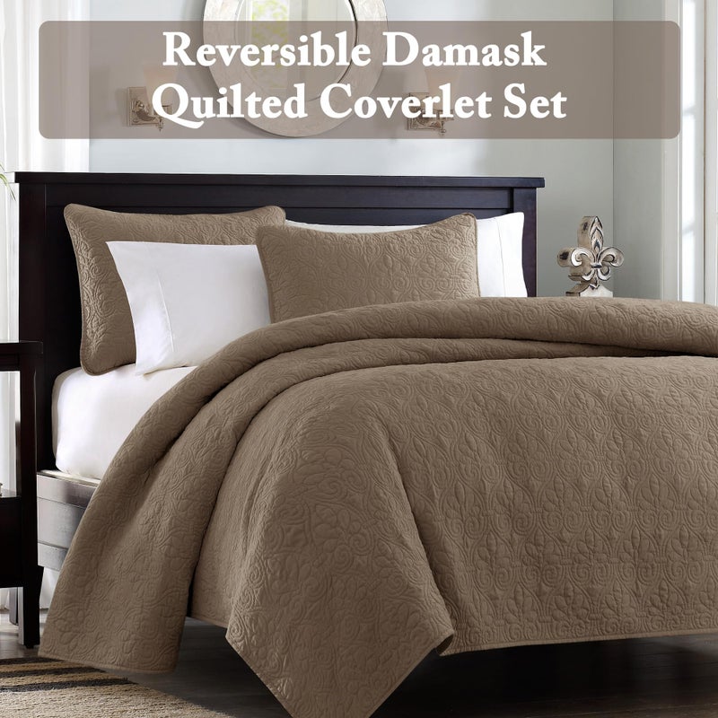 Madison Park Quebec Quilt Set - Luxurious Damask Stitching Design, Cotton Filled Lightweight Coverlet Bedspread Bedding, Shams, King/Cal King(104"x94"), Mocha 3 Piece - Image 2